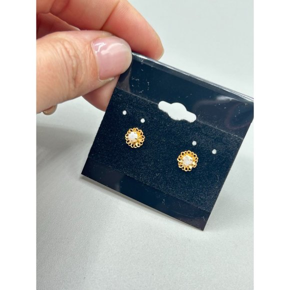 Petite Studs Earrings 14K Yellow Gold & Genuine Opals Pierced Child Girl Jewelry - Picture 5 of 9